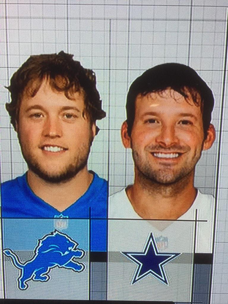 ATLHTTR's tweet image. Why'd Tony Romo steal Matthew Staffords ears?. #NFLPlayoffs