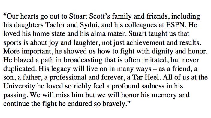 GoHeels's tweet photo. An official statement on the passing of @StuartScott: http://t.co/jFwwTW5HSR. http://t.co/uNkpLtoeDh
