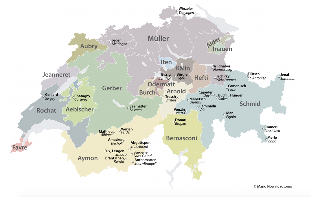 Die häufigsten Nachnamen in der jeweiligen Region. Hier geht es zur Namenskarte: blog.tagesanzeiger.ch/datenblog/inde…