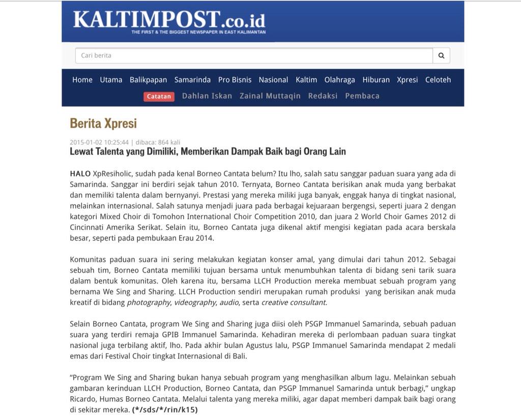 Berita kegiatan #wesingandsharing with <a href="/BorneoCantata/">Borneo Cantata</a> &amp; <a href="/PSGP_ImmSMD/">PS GP Immanuel SMD</a> di Kaltim Post..