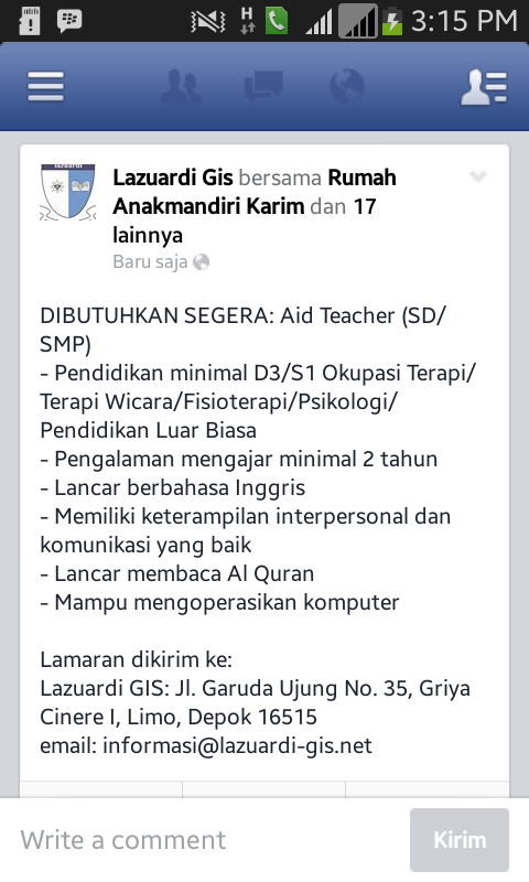 Lazuardi GIS membutuhkan segera Aid Teacher untuk SD/SMP. Mohon RT Pak <a href="/Haidar_Bagir/">Sosmed Cinta😊</a> @cyberhaider <a href="/LazuardiHigh/">SMA Lazuardi</a>