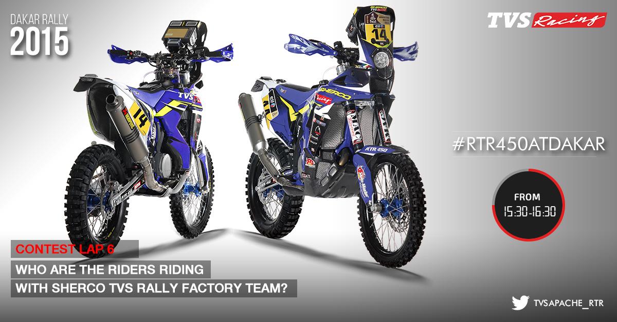 TVSApacheSeries's tweet photo. Contest #lap6! Know your team? Use #RTR450atDakar with your answer, and win official TVS Racing gear. http://t.co/ycrSyrjkyp