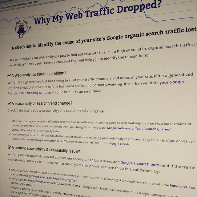 aleyda's tweet photo. I've created a checklist to identify the cause of a Google organic search traffic lost! ... http://t.co/8ABxMqNQCi http://t.co/wvwvbX3P4j