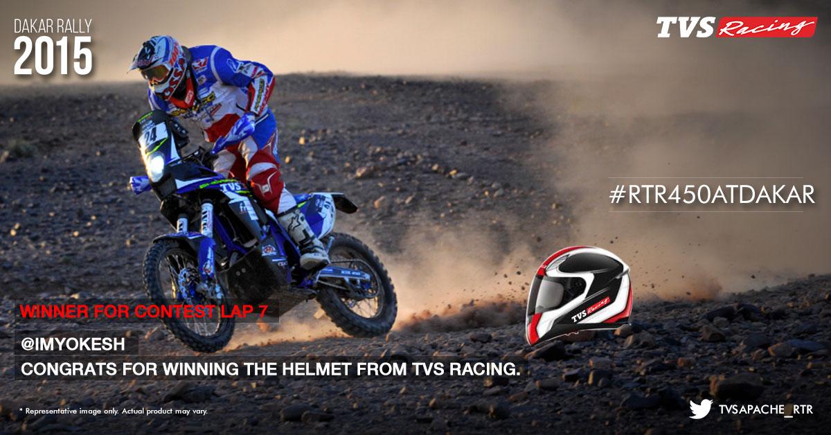 TVSApacheSeries's tweet photo. Congrats #Lap8 winner @ImYokEsH. You just won an official TVSRacing helmet! Spread the excitement! #RTR450atDakar http://t.co/BULD3HAuql