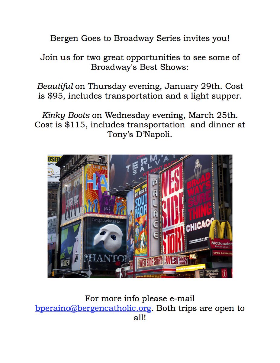 bccrusaders1955's tweet photo. Join us for our Bergen Goes to Broadway trip to see the hit musical, Beautiful on Jan 29! #bchs #bchsArts #broadway http://t.co/5l0iNpuMfl