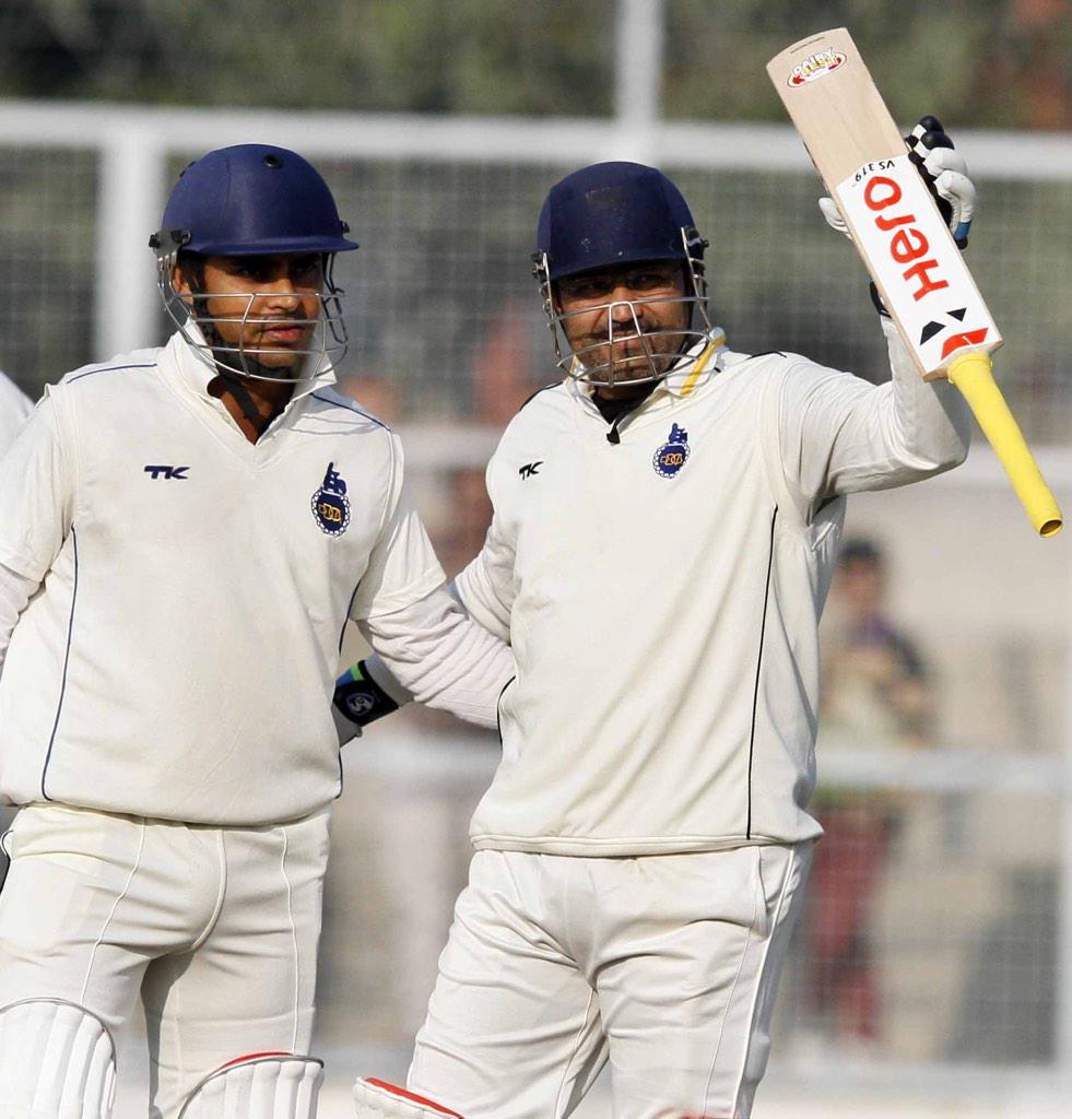 AnirudhChaudhry's tweet photo. @virendersehwag the 'Hero' at the  #ChBansiLalCricketStadium today #RanjiTrophy http://t.co/gQzYk1Yf6m