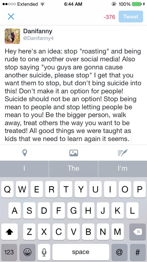 Danifanny4's tweet photo. I'm sick of people bring up suicide every time someone gets their feelins hurt, leave suicide out of it. #OverTwitter http://t.co/vHp66ha61I