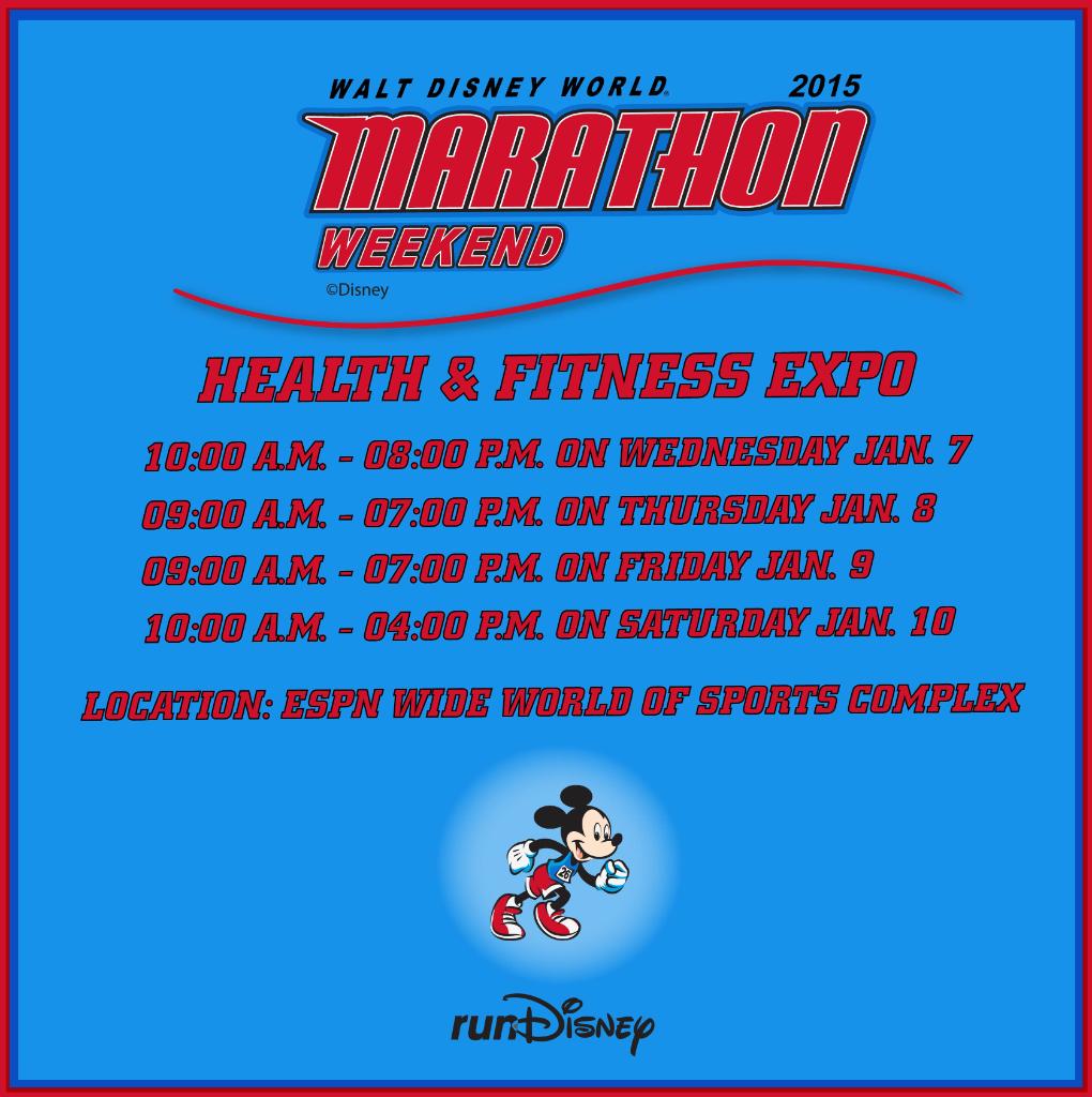 RT <a href="/runDisney/">runDisney</a>: Participating in #WDWMarathon Weekend? Here are the #runDisney Health &amp; Fitness Expo hours: