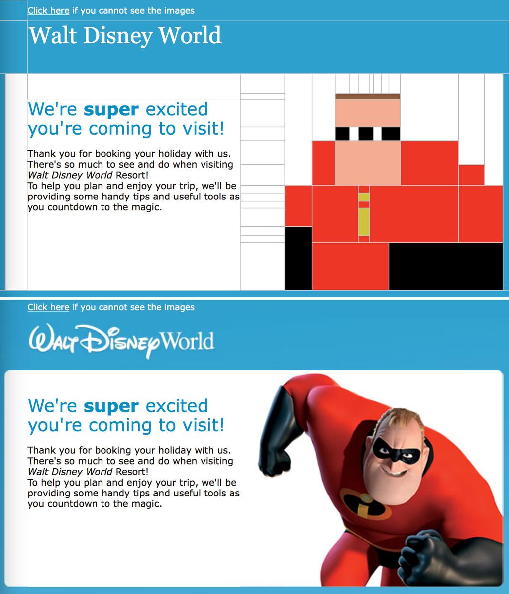 derwebdesigner's tweet image. Disney nutzt Tabellen-Layout in Emails um auch bei deaktivierten Bildern einen Charakter darzustellen. (via @nannerb)