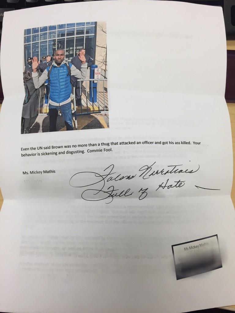 deray's tweet photo. Today, at my office, I received this mail. America. #Ferguson http://t.co/MAIbFstvaF