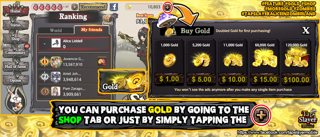 TapslayerAlice's tweet image. Purchase more Gold from the Shop tab. Just tap the (+) at the upper-right corner of the screen! #Tapslayer #Zombies