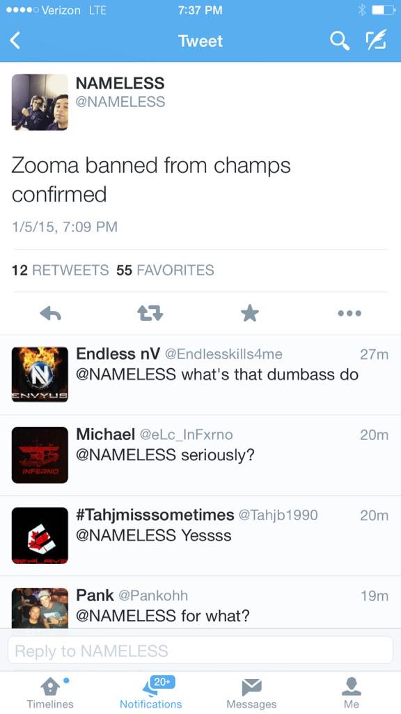 cod_free00's tweet photo. Breaking @NAMELESS says @Denial_ZooMaa banned from COD champs confirmed #DramaAlert hot http://t.co/2jLbeZbhmm