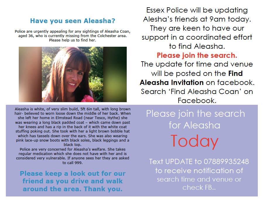 <a href="/coolcolchester/">Keep Colchester Cool</a> please help us #FindAleasha Volunteer search NOW at #essex uni
