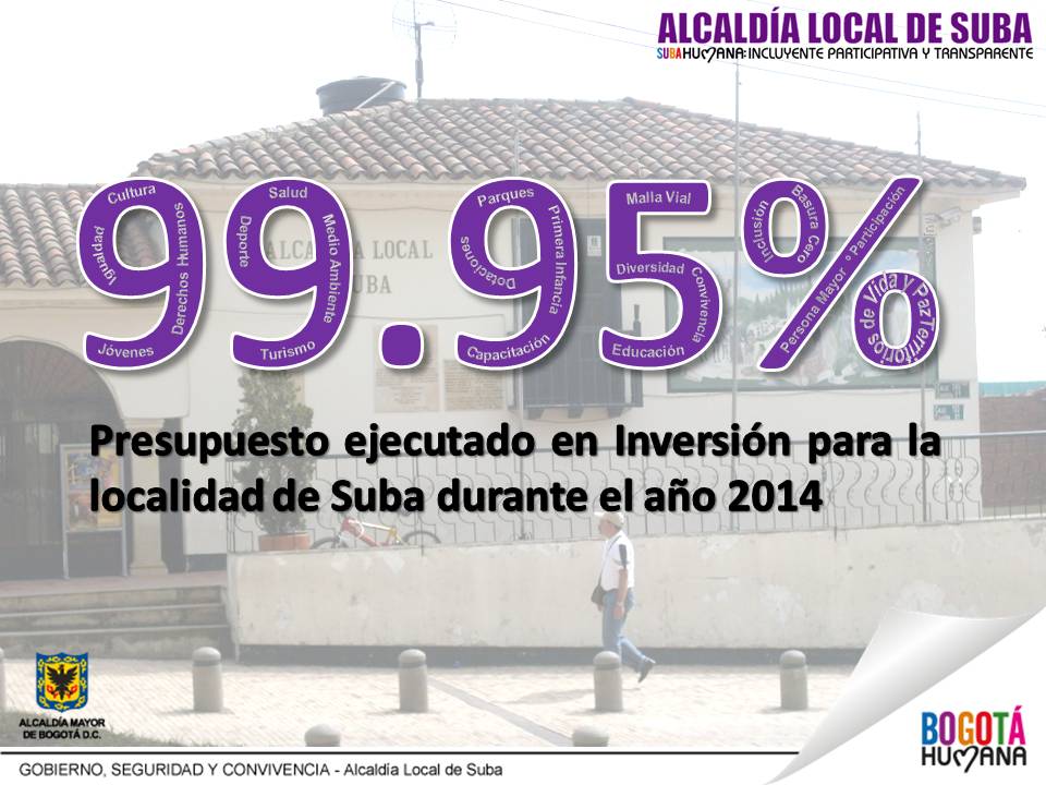 subaalcaldia's tweet photo. #SubaHumana le cumple a la ciudadanía ➟ 99.95% ejecución presupuestal en inversión #2014 @PerillaGMarisol http://t.co/DNaBRkUgDj