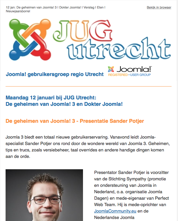 JoomlaGGUtrecht's tweet photo. Ma 12 jan bijeenkomst JUG Utrecht - Lees de Nieuwsbrief  http://t.co/dk2ZSLpgq4 #joomla #jug030 @zpotDeMeern http://t.co/4QJ14N7h5k
