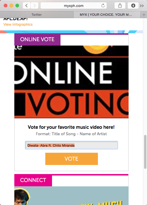 TeamARTIFICE's tweet photo. Let's vote #DIWATA by Abra ft. Chito Miranda on http://t.co/CXWrIuviV0 :) #Artifice #MandMfilms #OPM http://t.co/cLYeH9XEDC