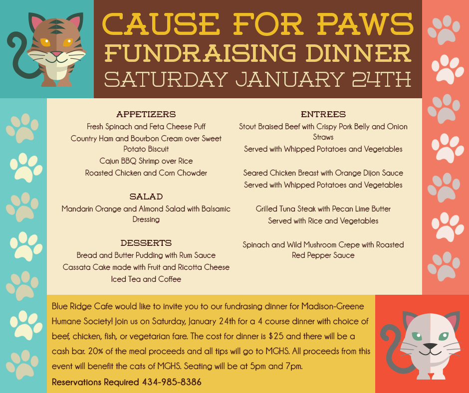 BlueRidgeCafe's tweet photo. Join us for a PURRTASTIC evening on 1/24 to help raise funds for the cats of Madison-Greene Humane Society! http://t.co/oCZvC2oiTD