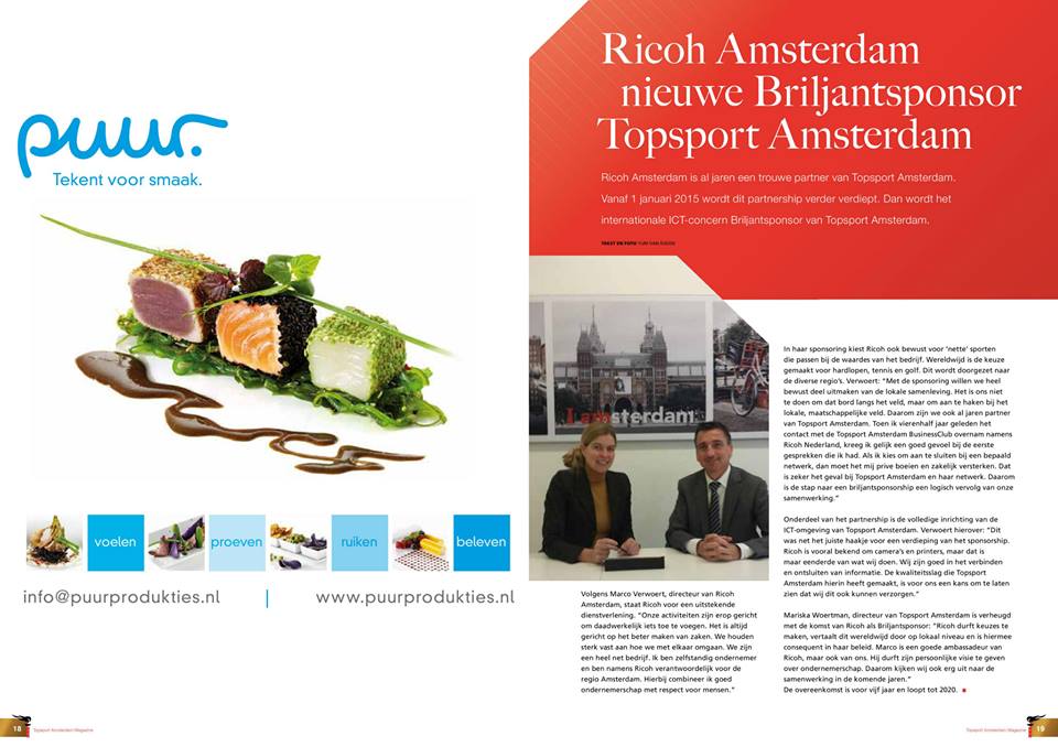 Per 1 januari is Ricoh Amsterdam briljantsponsor van <a href="/TopsportAdam/">Topsport Amsterdam</a>. Op een mooie verdieping van onze samenwerking!