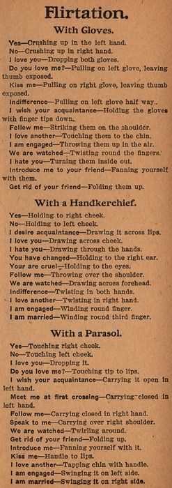 AbbottKahler's tweet photo. Victorian tips on flirting (with gloves, handkerchief, or parasol): http://t.co/Xe5GdHmhZV