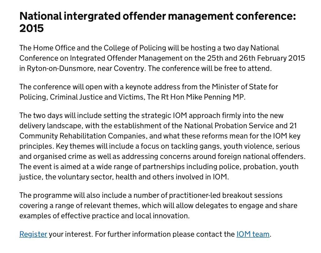 a_cossins's tweet photo. Looking forward to speaking at 2015 Integrated Offender Management Conference at Ryton ... https://t.co/Ioi8wuzy29 http://t.co/2ACBYy8RvT