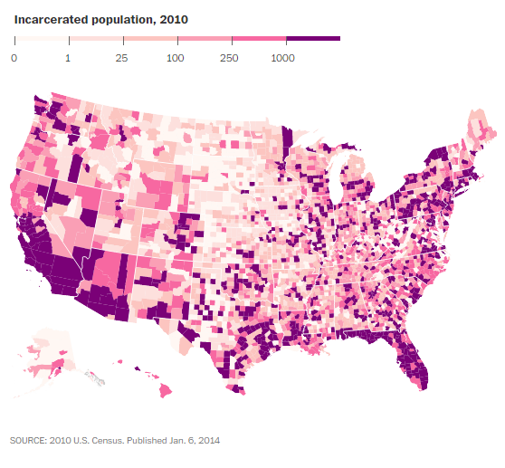 washingtonpost's tweet image. The U.S. has more jails than colleges. Here’s a map of where those prisoners live. wapo.st/1AmOOkZ