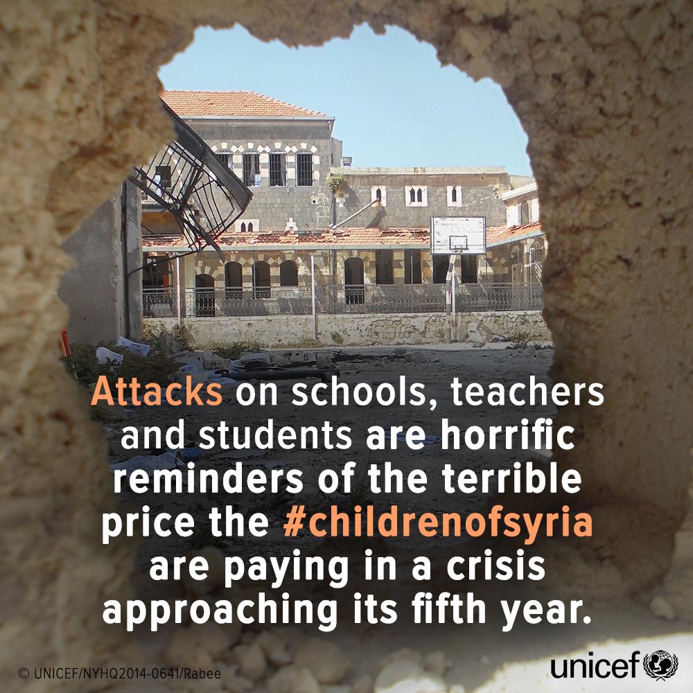 UNICEF's tweet photo. There were at least 68 attacks on schools across Syria in 2014. #childrenofsyria http://t.co/VFUv9MTYdI http://t.co/sdTPS3vtUy