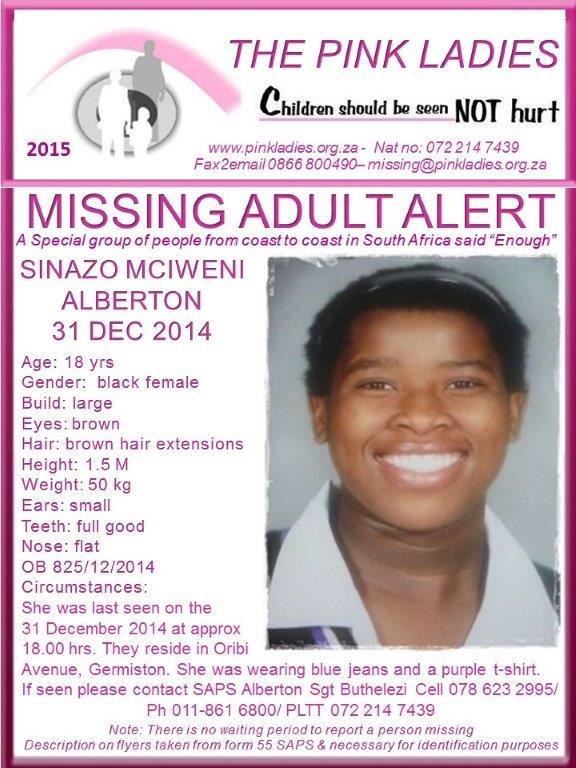PigSpotter's tweet photo. #ATT #MISSING Sinazo Mciweni has gone missing from Alberton on 31 December. http://t.co/AwpQG9VMvV