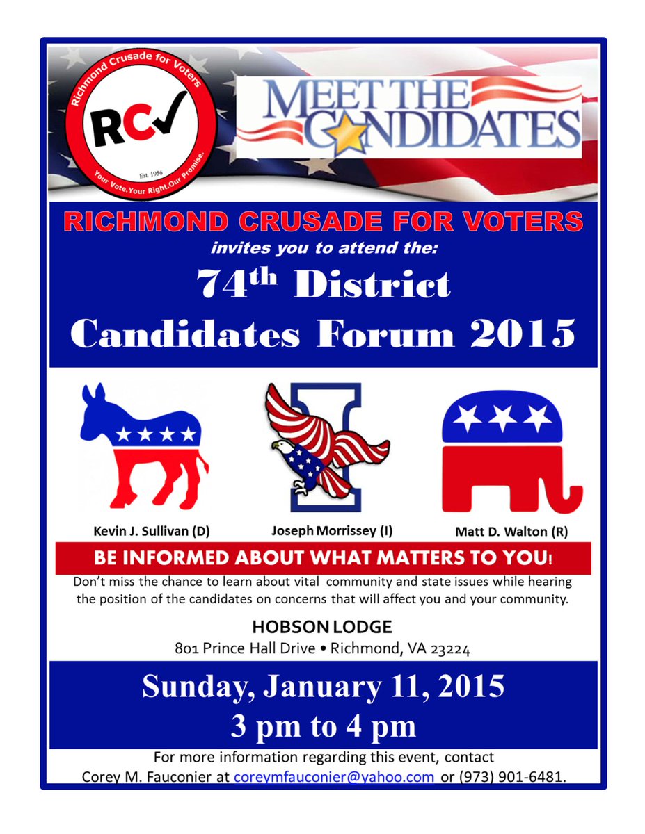 CrusadersofVA's tweet photo. RCV invites you to attend the 74th District Candidates Forum - SUNDAY, 1/11/15 - See flyer for details! #rcvforum2015 http://t.co/iXv2mKY7FE