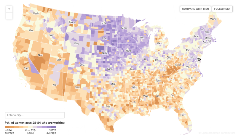 nytimes's tweet image. Where are working women most common? Explore female employment rates across the U.S. nyti.ms/1Bwuexx