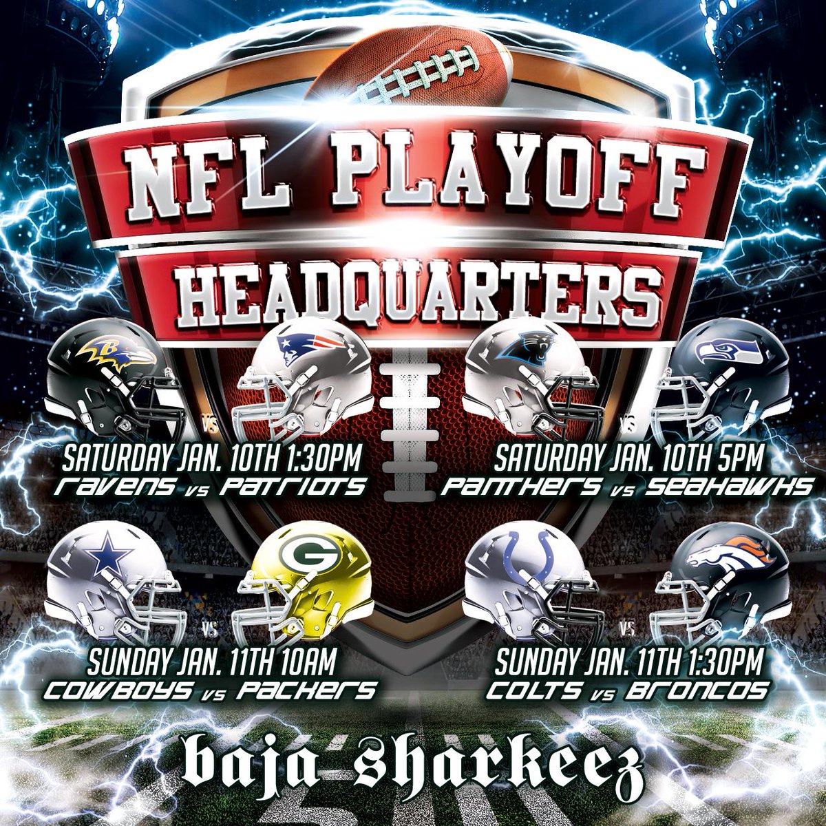 NFL Playoffs start this weekend!! Join us to watch your favorite team battle it out! Will your team win?