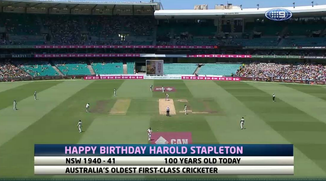 wwos's tweet photo. RETWEET to wish Harold Stapleton a Happy Birthday, 100 years old today! #PinkTest #AUSvIND #WWOS http://t.co/90bTqDRfy1