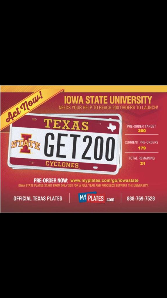 IowaStateU's tweet photo. Hello, Texas. "@tinacolada14: Come on #texascyclones! We only need 21 more orders by Jan20. #cyclONEnation #myplates http://t.co/yLKMwKqWzL"