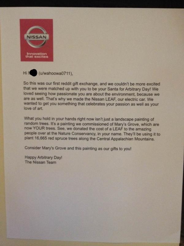 Reddit's tweet photo. What an awesome gift from Nissan - they donated a Nissan Leaf's worth of trees! http://t.co/SqZfnXJukC #ArbitraryDay http://t.co/JyuVSatyxV