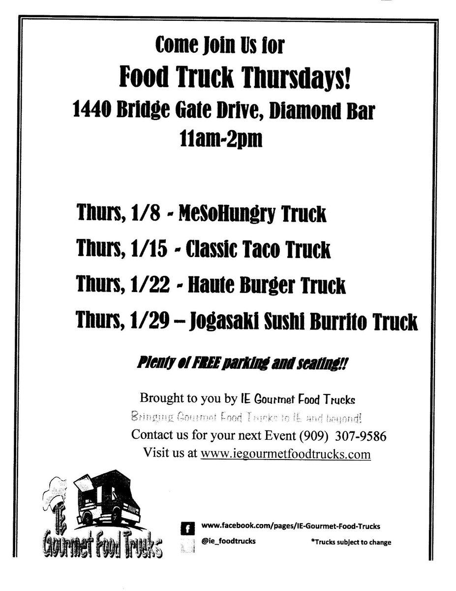 ie_foodtrucks's tweet image. Thurs, 1/8/15 - Fortis Financial - 1440 Bridge Gate Dr, Diamond Bar - 11am-2pm @MeSoHungryTruck Plenty of parking!!