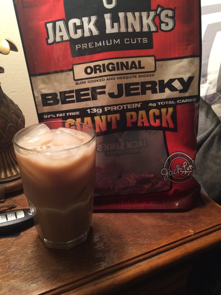 rickzieser's tweet photo. Drinking a White Russian and eating beef jerky. #imfilthy http://t.co/ui8SURRjZK