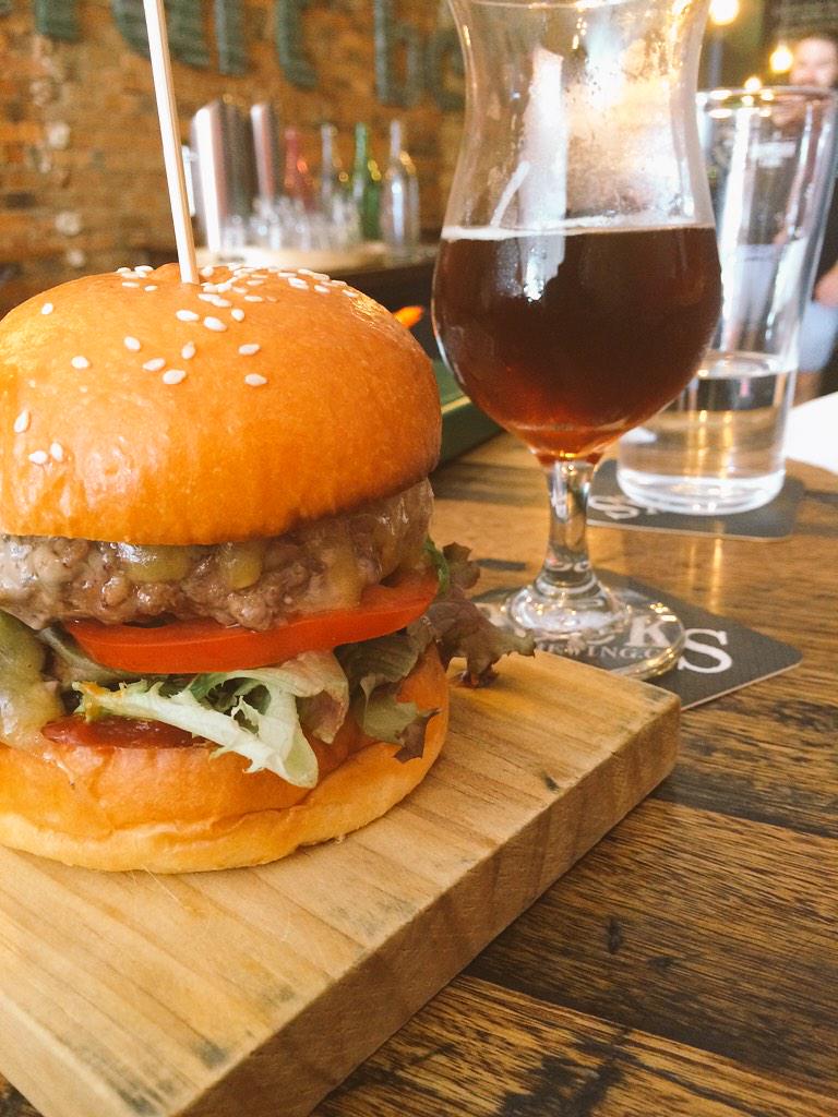 AlehouseProject's tweet photo. Well done @homesteadbrew - the Cuvée special (oak aged dark ale) is sensational. Great work Ron. Burger just cos! http://t.co/8Z9RsQR9Ax
