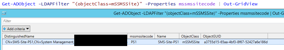 kaidja's tweet photo. Use Get-ADObject #PowerShell cmdlet to query #ConfigMgr AD mSSMSSite objects #SCCM #ConfigMgr2012 http://t.co/TveUyfDXny