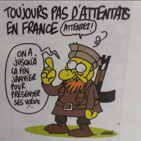BenSerrure's tweet photo. Deze cartoon stond deze week nog in Charlie Hebdo. Bijzonder wrang. Tekenaar Charb 1 vd doden. http://t.co/hfauJpfHOz http://t.co/qG8EiK09B3