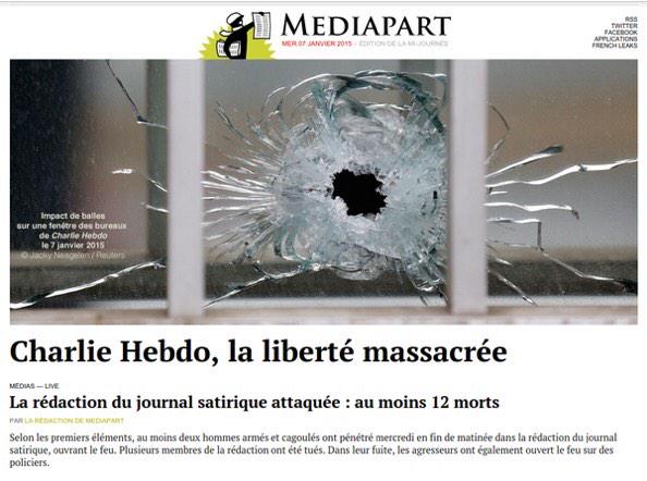 Mediapart's tweet photo. Charlie Hebdo, la liberté massacrée http://t.co/yACLzys4Jc http://t.co/Cf0555AIn2