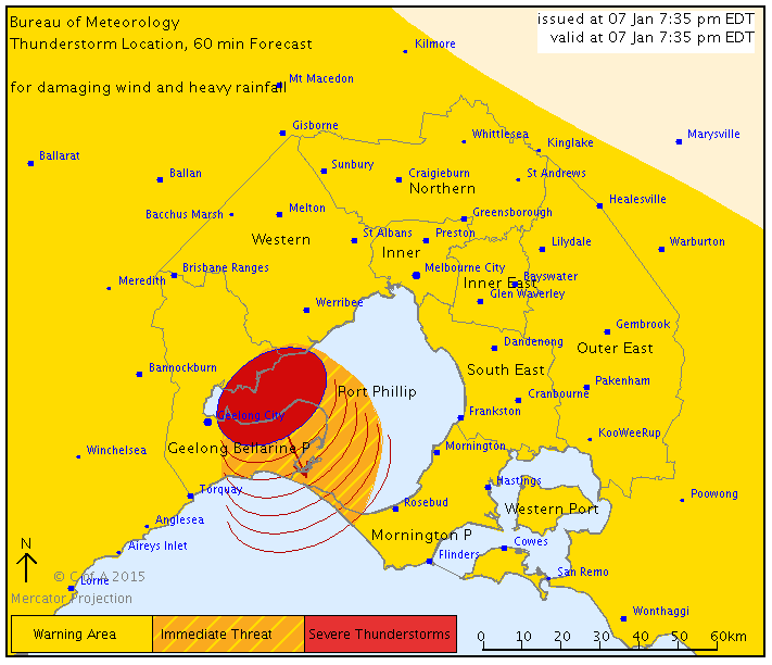 ABCemergency's tweet photo. #Vic #Storms f/cast affect Ocean Grove, Queenscliff &amp; area S of Geelong by 8:05pm http://t.co/cLzRA5tFuw http://t.co/2Fyb0wOuM6