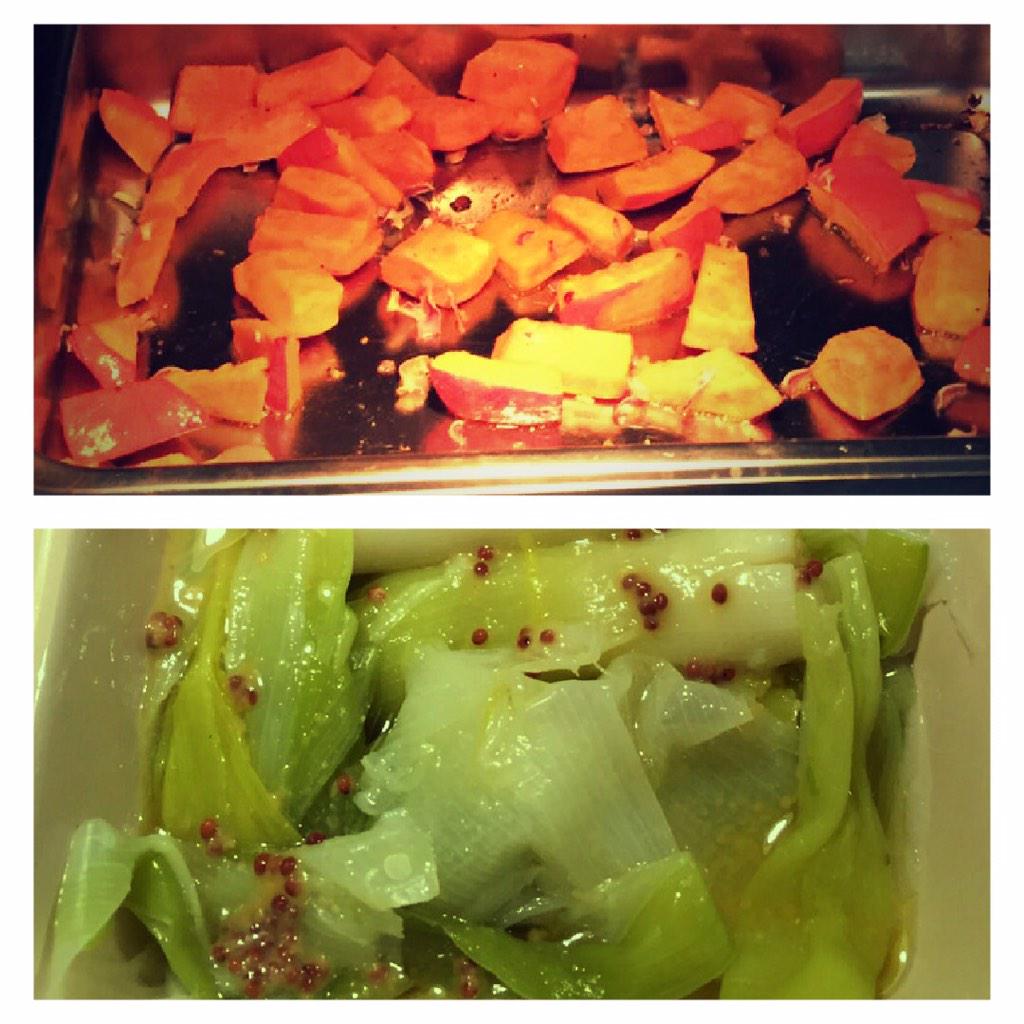 Vanavond zelf gekookt thuis: prei-vinaigrette (de knaller) en geroosterde pompoen. Heerlijk! (Jelle)