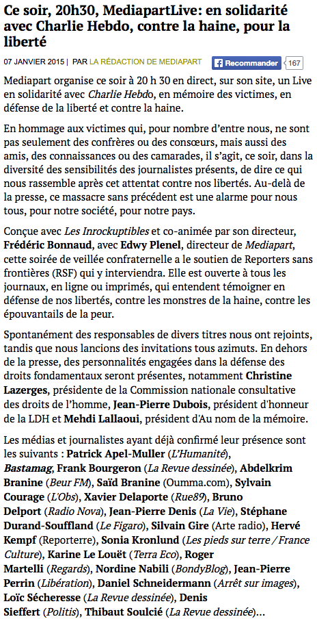 Soirée en solidarité avec #CharlieHebdo, contre la haine, pour la liberté, dès 20h30 en direct de la rédaction