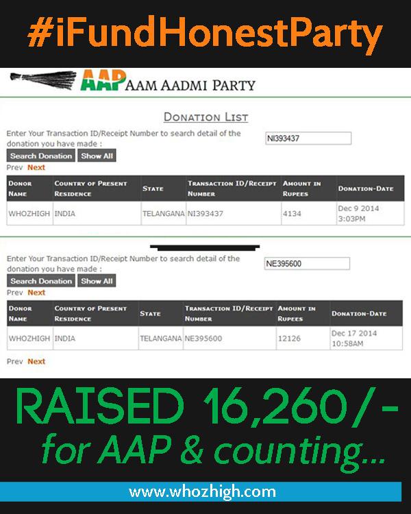 whozhigh's tweet photo. WH has already contributed 16K towards clean funds and has now raised 15K and counting.Go AAPians! #IFundHonestParty http://t.co/nKlb5G7EwP