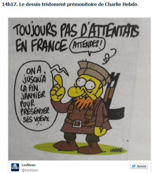 le_Parisien's tweet photo. Le dessin tristement prémonitoire de #CharlieHebdo >>http://t.co/DbQULwVihe http://t.co/fWoqJqAn6X