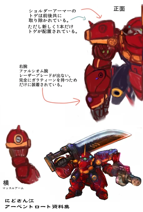 アーベントロートの設定資料。 確かに剣を持っている腕がどうなってるか分かりづらかったかも・・! 