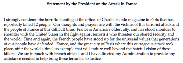 AusNewsNetwork's tweet photo. US President @BarackObama has made a statement on the #CharlieHebdo terrorist attack: http://t.co/Tpc7TqmpNe