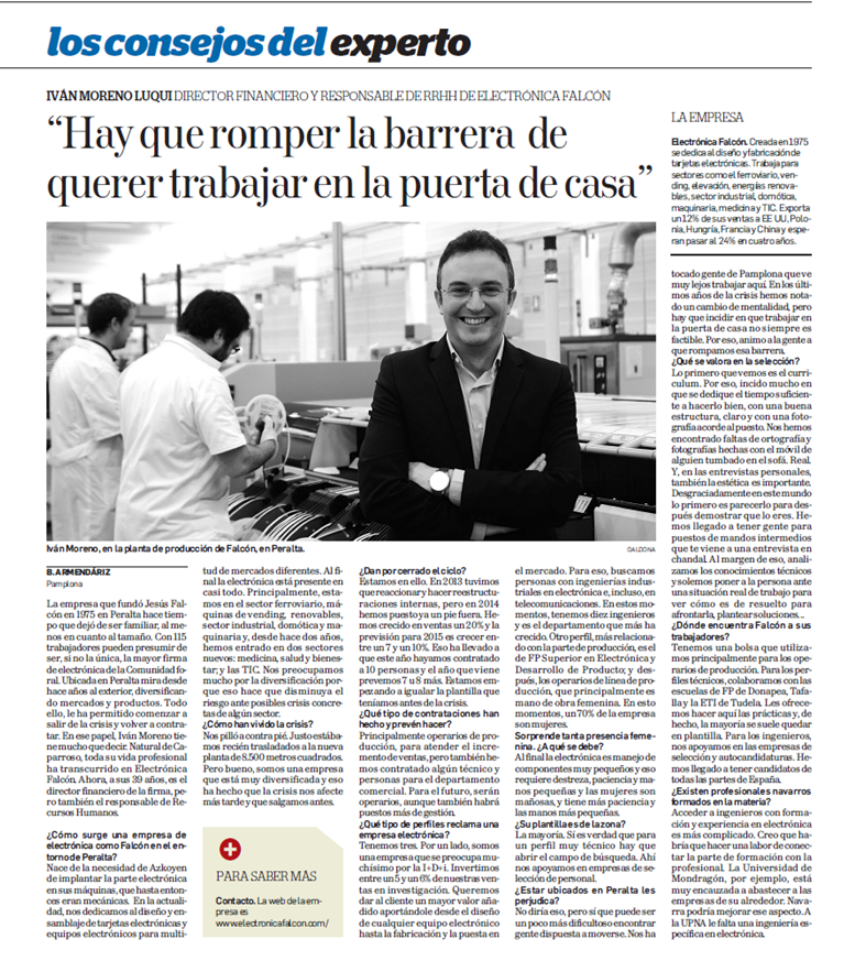 FALCONElect's tweet photo. Entrevista de nuestro CFO y responsable RRHH Iván Moreno en la sección Los Consejos del Experto del @DiariodeNavarra http://t.co/BnFlmSnKtG