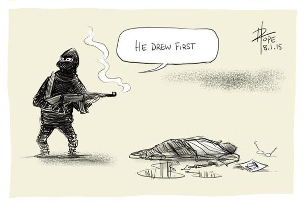 LonoMagazine's tweet photo. 'He drew first', by @davpope. Solidarity with #CharlieHebdo #JeSuisCharlie http://t.co/RdPzTYUVdp