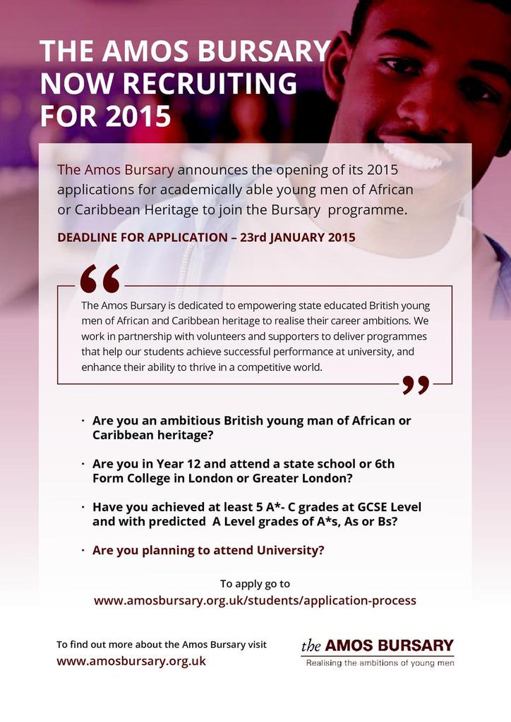 AmosBursary's tweet photo. AmosBursary recruiting young men of African Caribbean heritage. http://t.co/TamdyOdT2E @black100plus @NubiaMagTweets http://t.co/fappXScbse