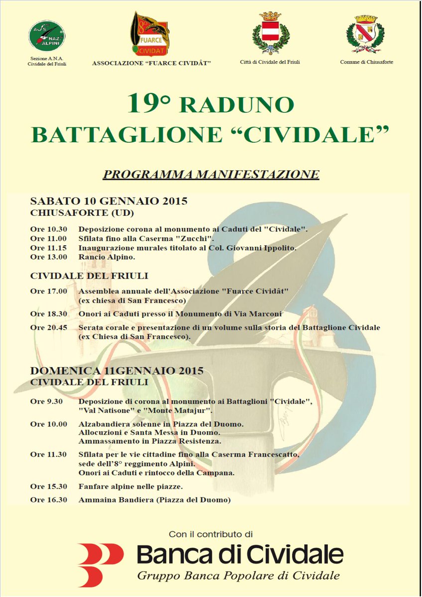 ProLocoScluse's tweet image. SABATO 10 GENNAIO 2015
19° RADUNO BATTAGLIONE &quot;CIVIDALE&quot;
DALLE ORE 10.30
LOC. EX CASERME